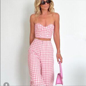 Zara Pink Gingham Check Corset Style Strapless Bustier Crop Top & Pants Set